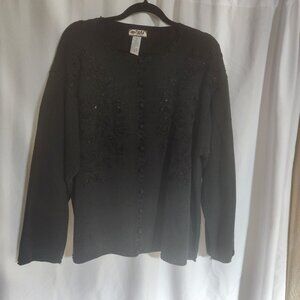 Tiara Women Vintage Black Beaded Embroidered Button Cardigan Sweater 3X Y2K